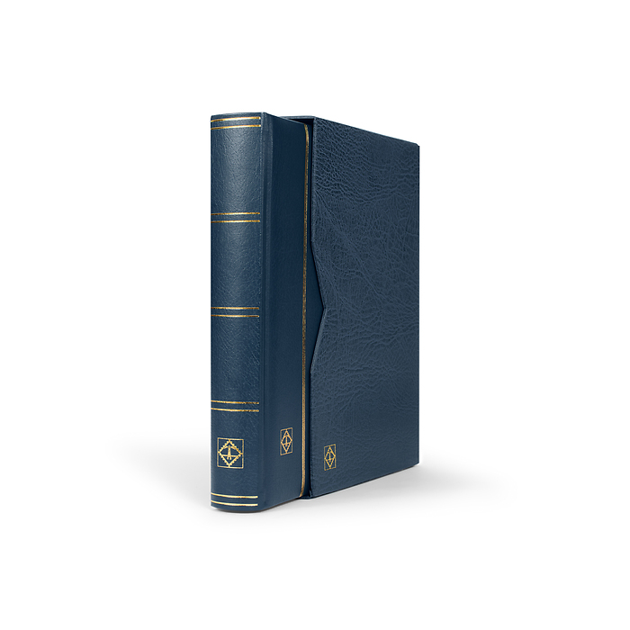 Classeur Premium, DIN A4, 64 feuilles noires, couverture ouatinée en cuir + étui, bleu
